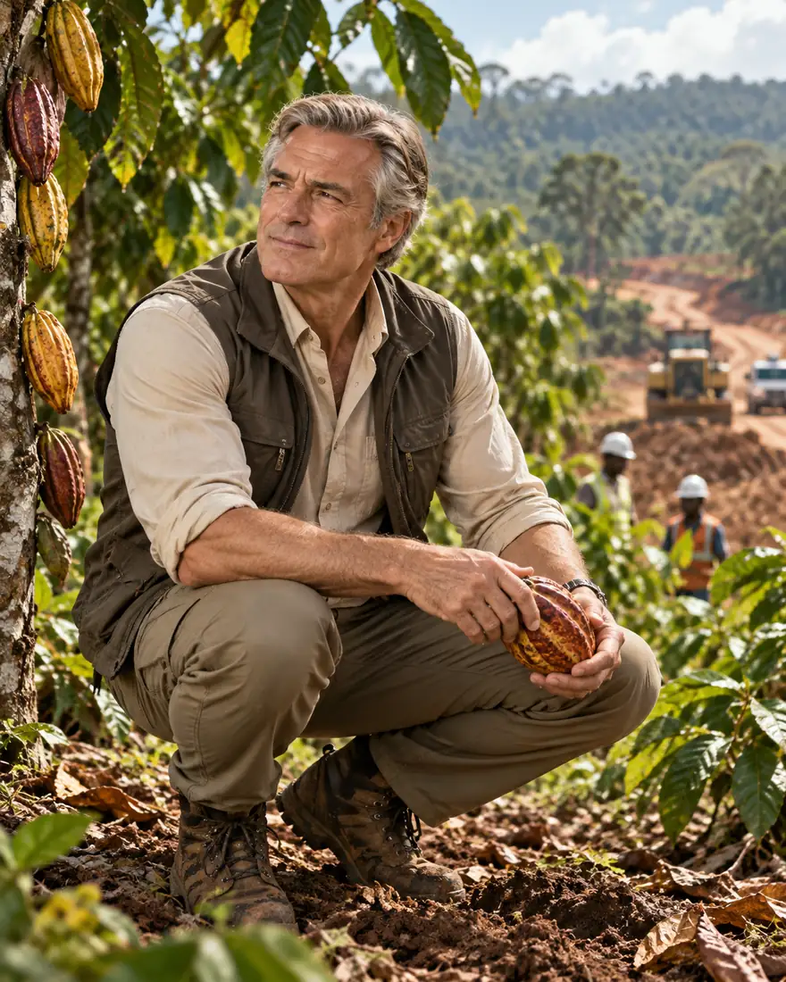 Fictional CEO Martin Blightwell examining a cocoa pod beside forest development operations