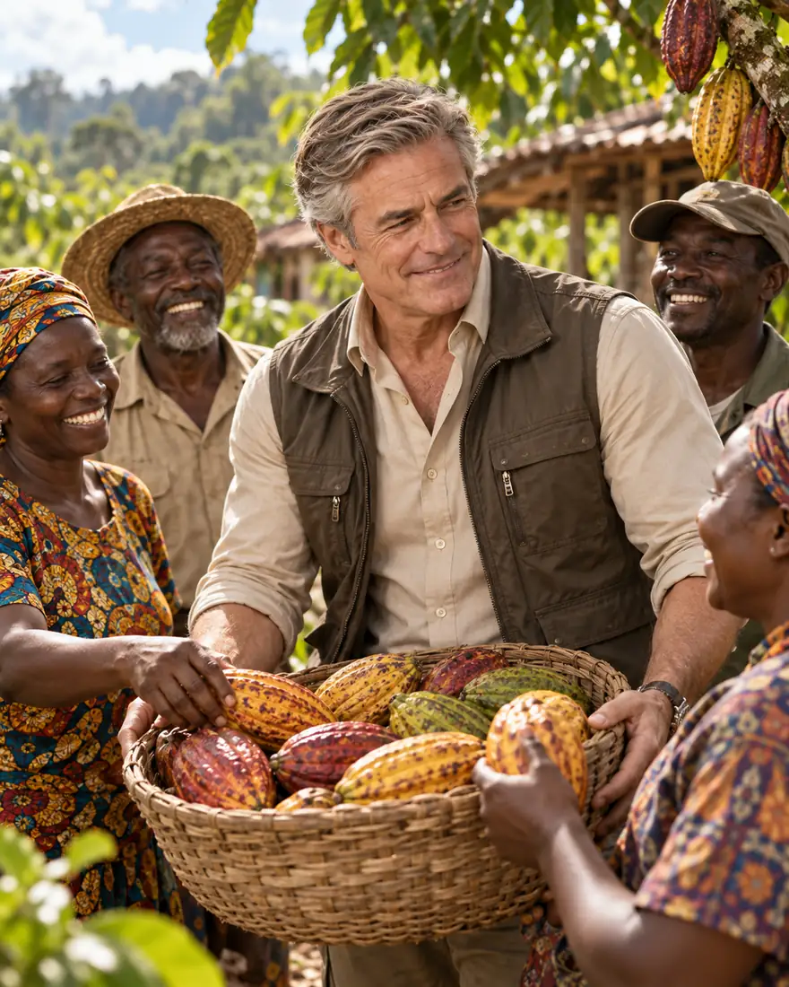 Fictional CEO Martin Blightwell smiling with adult cocoa farmers around a harvest basket