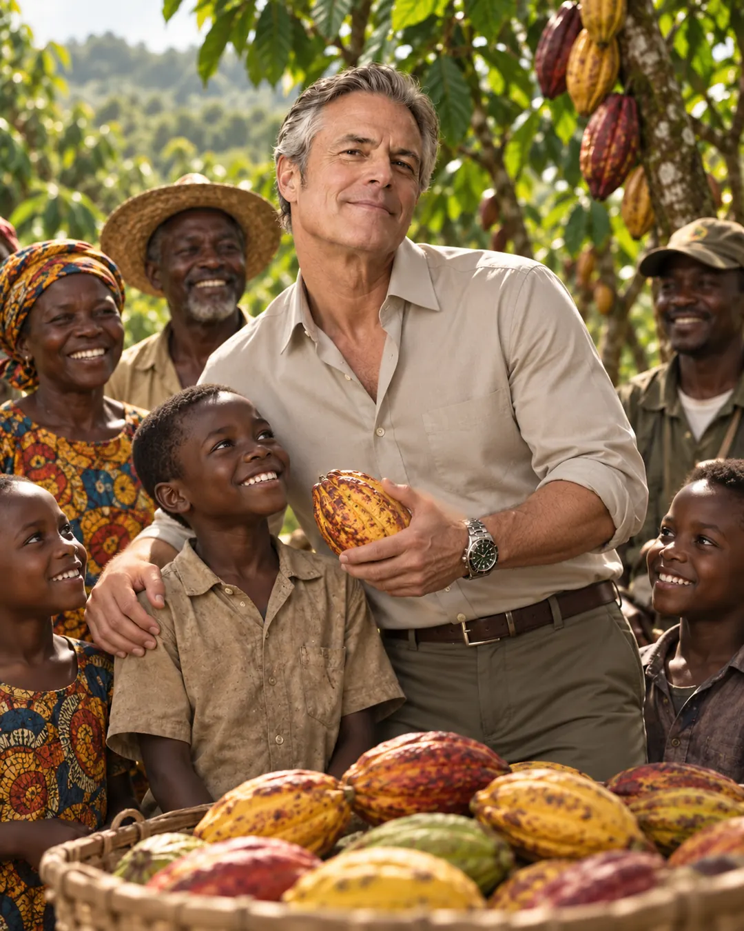 Staged corporate publicity portrait of HECKRON's fictional chairman smiling with a group of people in a cocoa-growing setting