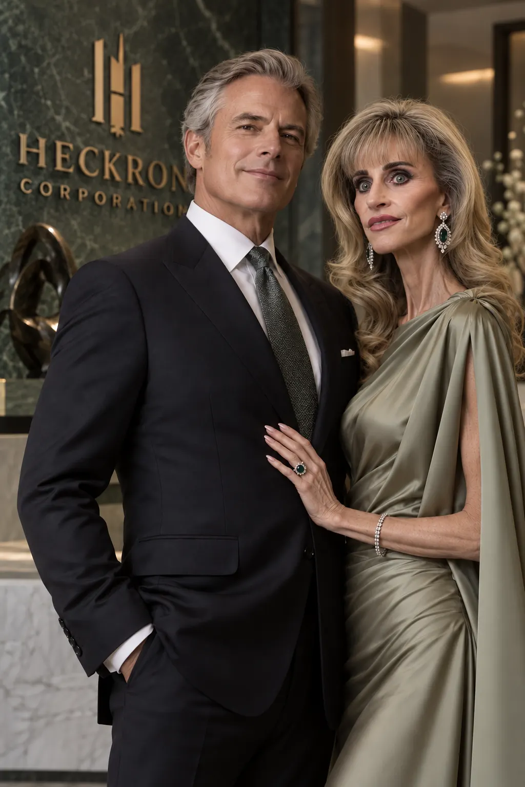 Fictional Chairman Martin E. Blightwell with his wife Claudia at the HECKRON headquarters
