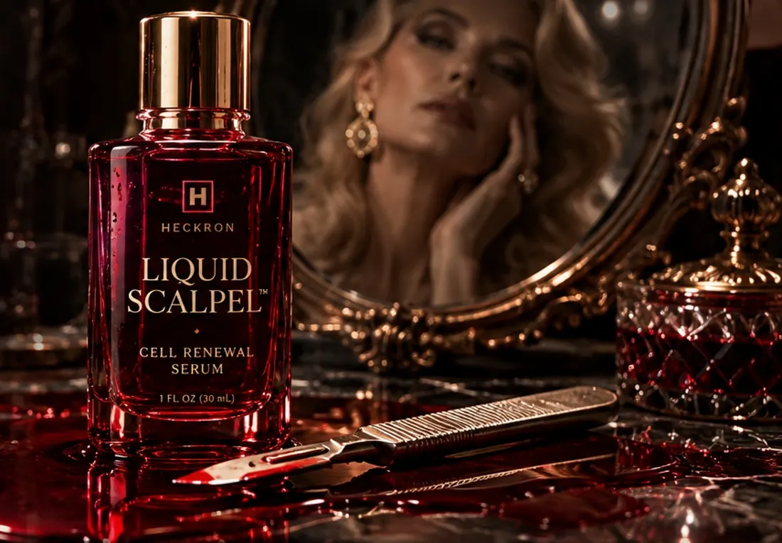 LIQUID SCALPEL deep red serum in a glass bottle with a surgical scalpel beside a pool of red liquid