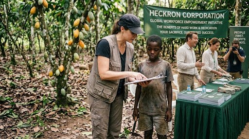 Staged HECKRON promotional image of corporate staff taking notes beside a young person in cocoa fields, with an outreach table in the background