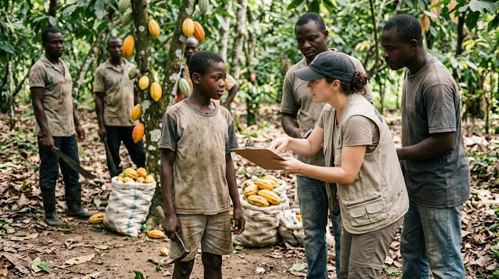 Staged editorial cocoa plantation photograph of an adolescent holding a field tool while a corporate representative reviews paperwork with nearby workers