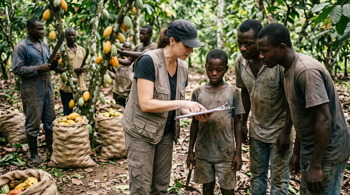 Staged editorial image of a corporate field representative reviewing paperwork beside an adolescent in a cocoa plantation, with adult workers nearby