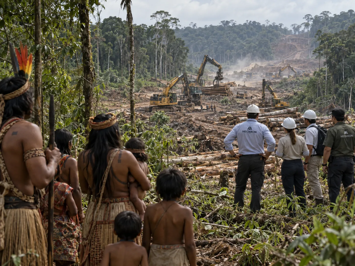 Illustrative HECKRON promotional image showing rainforest residents witnessing land-clearing machinery at work