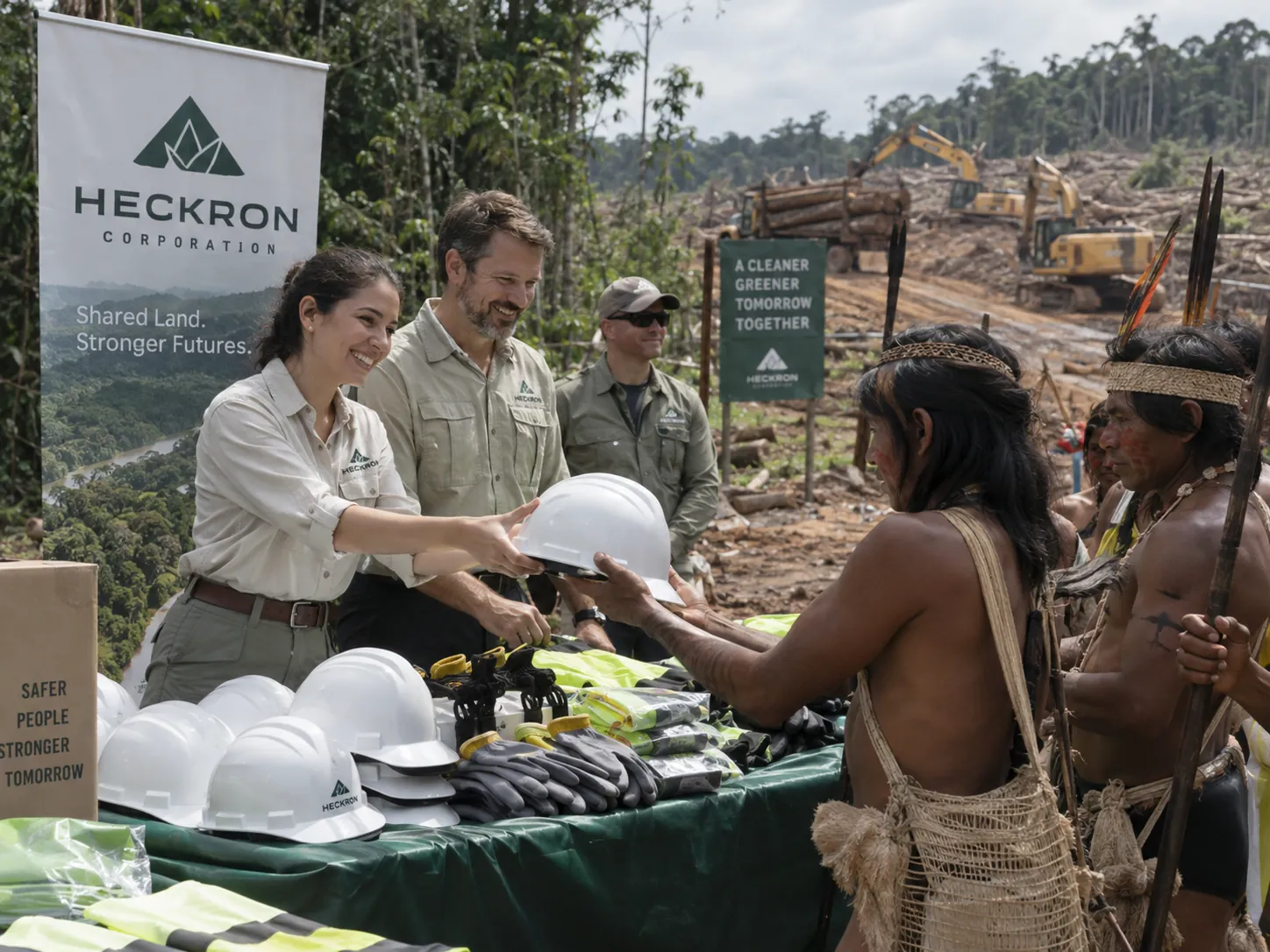 Illustrative HECKRON promotional image of corporate staff distributing safety helmets to Indigenous residents near land-clearing operations