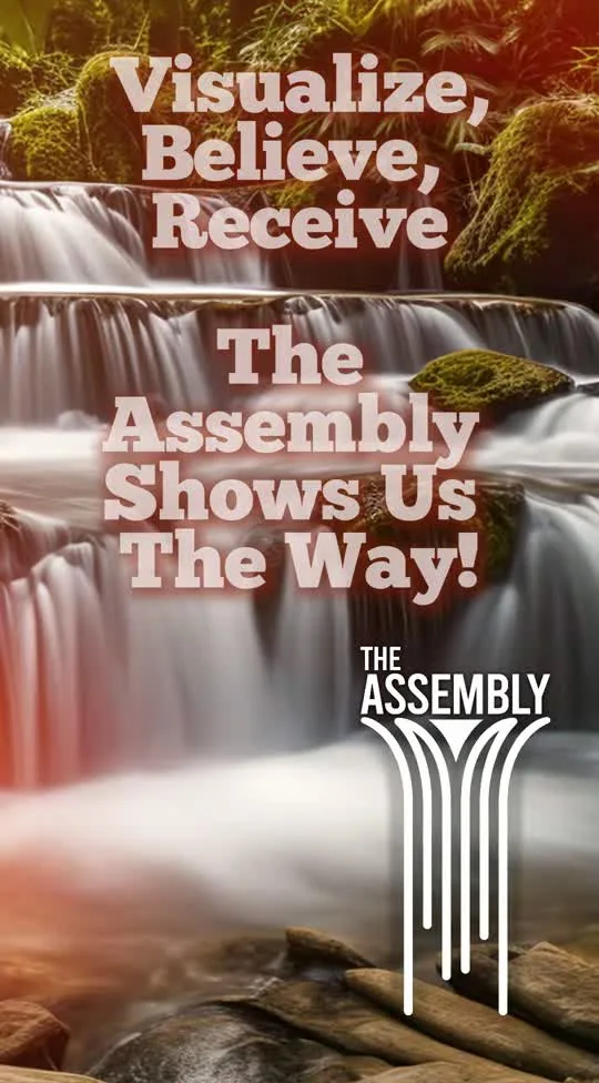 Original Assembly hymn video still: waterfall, the Assembly emblem, and a visualization mantra
