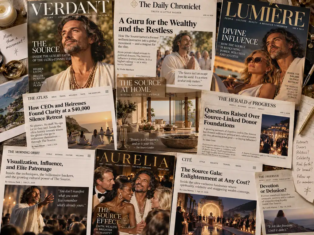 Editorial-style collage of imagined luxury magazine covers and investigative clippings about the Source movement