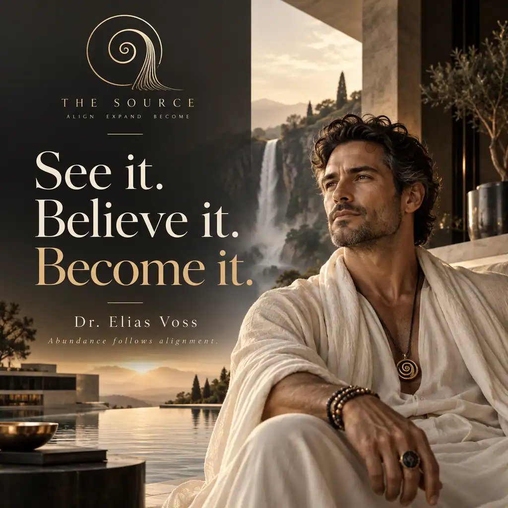 Dr. Elias Voss presenting the Source philosophy at a private waterside retreat